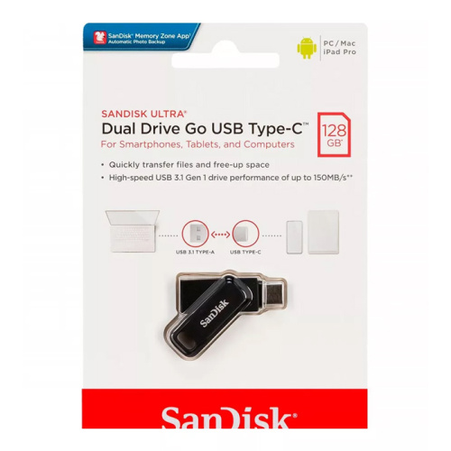 128gb (3.1) usb/c sandisc dual drive go (150mb/s) серая