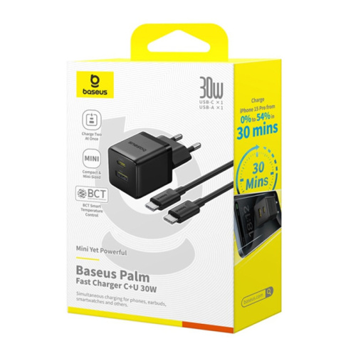Сзу baseus palm (30w; 1u+1c; черный; кабель c-c (cczc30ue)