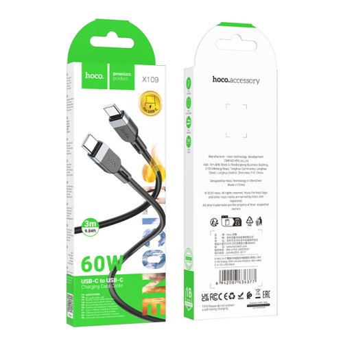 Кабель type-c hoco x109 type-c 3m (60w) черный (***)