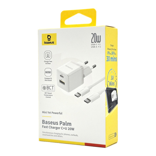 Сзу baseus palm (20w; 1u+1c; белый; кабель c-c (cczc20ue)