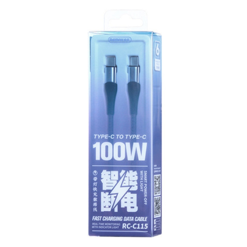 Remax intelyelec series 100w smart power-off fast charging data cable with light rc-c115 (t.c to t.c) 1.2m silver/gray