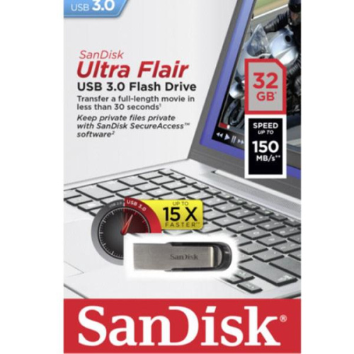 32gb (3.0) usb sandick cruzer ultra flair (150mb/s) металл/черный