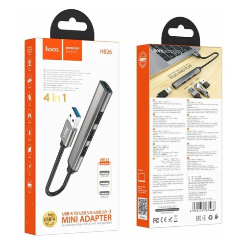 Переходник hoco hb26 (usb to usb3.0+usb2.0*3) cерый