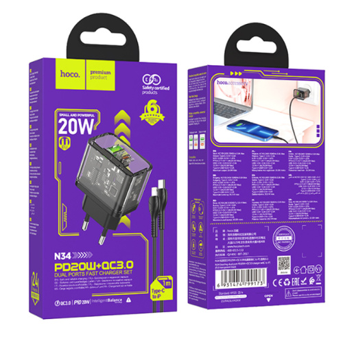 Сзу hoco n34 type-c to lightning (pd20w/qc3.0) прозрачно-черный
