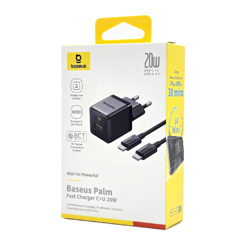 Сзу baseus palm (20w; 1u+1c; черный; кабель c-c (cczc20ue)