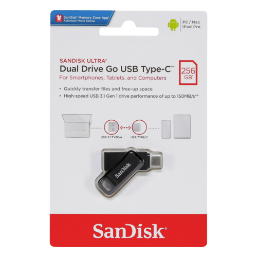 256gb (3.1) usb/c sandisk dual drive go (150mb/s) серая
