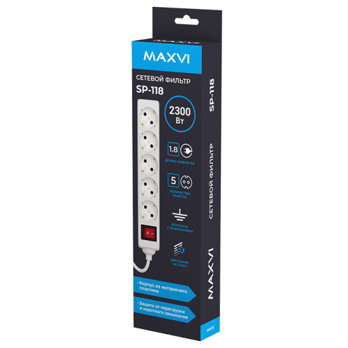 Сетевой фильтр maxvi sp-118 2300вт (5 розеток) 1.8м белый
