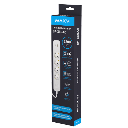 Сетевой фильтр maxvi sp-330ac 2300вт (4 розеток/usb/type-c) белый
